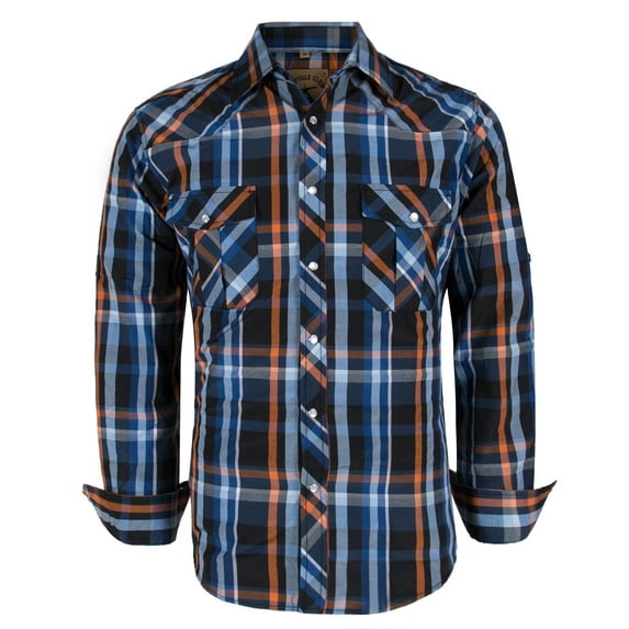 Coevals Club Men's Western Cowboy Long Sleeve Pearl Snap Plaid Work Shirts Blue Orange 05 X-Large