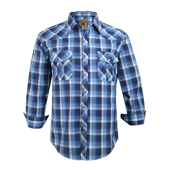 Coevals Club Men's Western Cowboy Long Sleeve Pearl Snap Plaid Work Shirts Blue Plaid 36 XX-Large