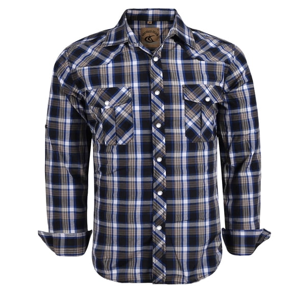 Coevals Club Men's Western Cowboy Long Sleeve Pearl Snap Plaid Work Shirts Blue White 07 Large