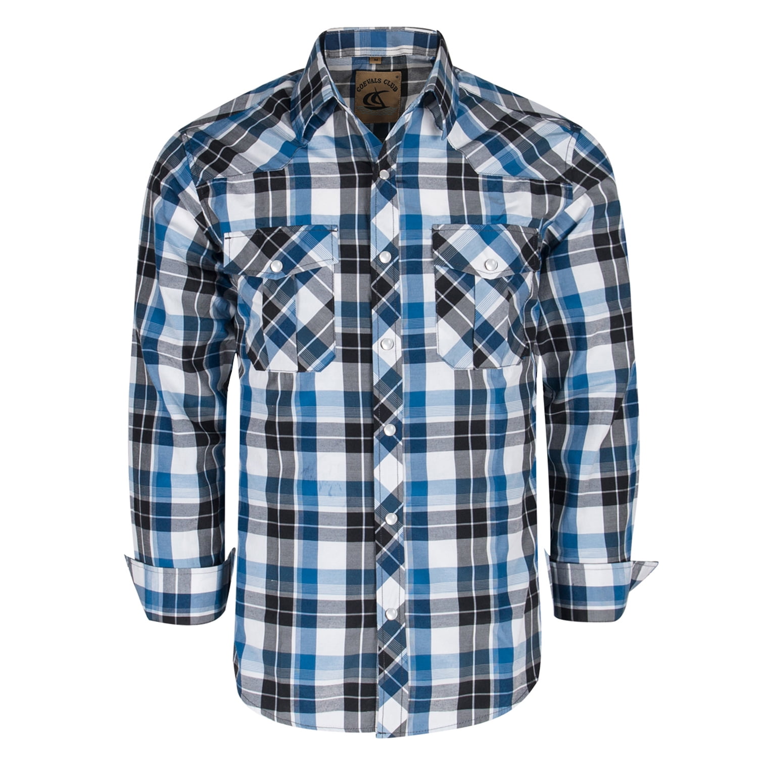 Coevals Club Men's Western Pearl Snap Shirt - Long Sleeve Plaid Work Shirt, Two Pockets, Blue/Black