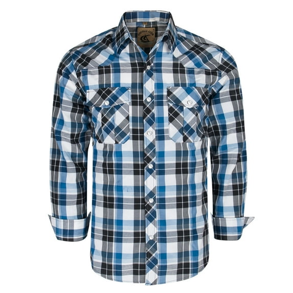 Coevals Club Men's Western Cowboy Long Sleeve Pearl Snap Plaid Work Shirts Blue White Black 17 Small