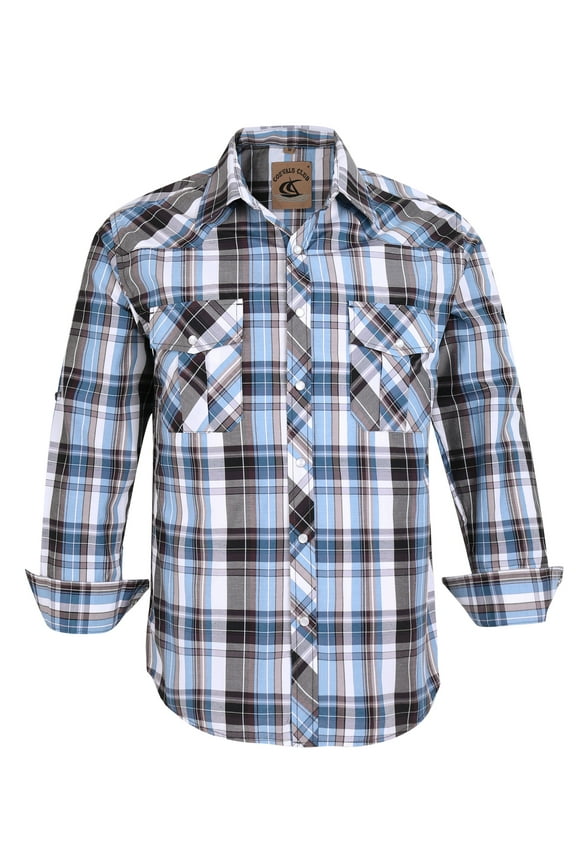 Men's Western Cowboy Long Sleeve Pearl Snap Plaid Work Shirts Light Blue Gray 10 Large