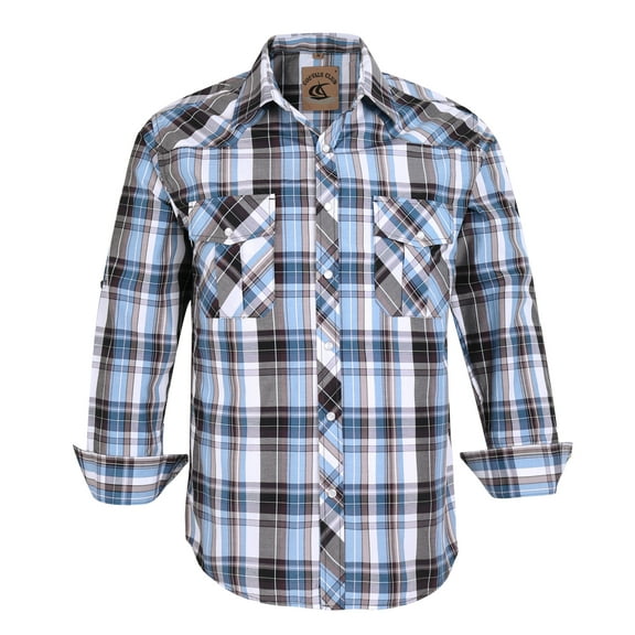 Coevals Club Men's Western Cowboy Long Sleeve Pearl Snap Plaid Work Shirts Light Blue Gray 10 Large