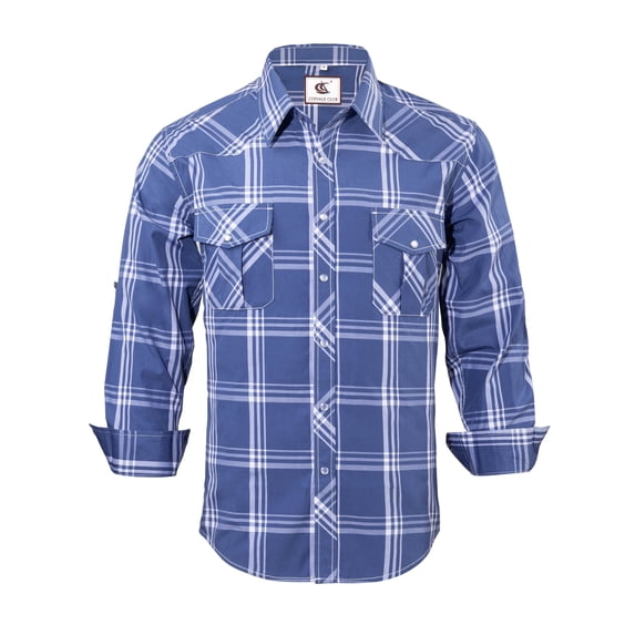 Coevals Club Men's Western Cowboy Long Sleeve Pearl Snap Plaid Work Shirts Navy Plaid 38 Medium