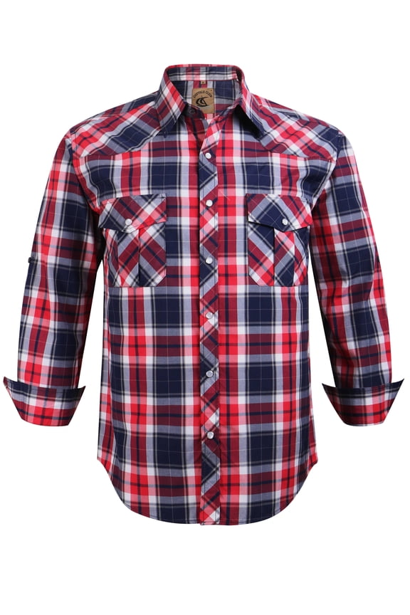 Men's Western Cowboy Long Sleeve Pearl Snap Plaid Work Shirts Navy Red Plaid 37 X-Large