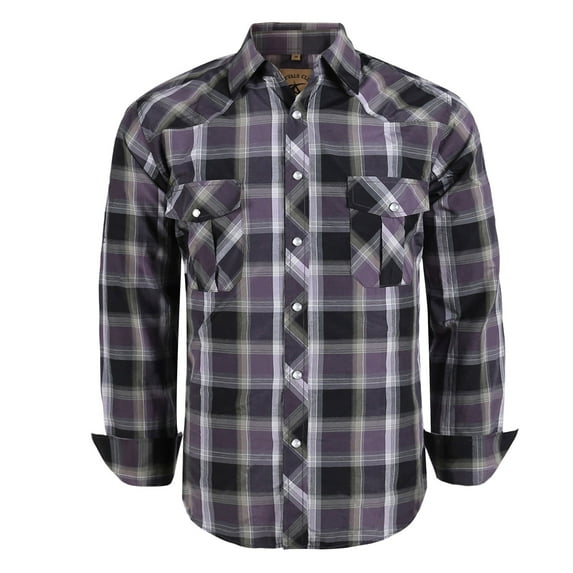 Coevals Club Men's Western Cowboy Long Sleeve Pearl Snap Plaid Work Shirts Purple Black 01 XX-Large