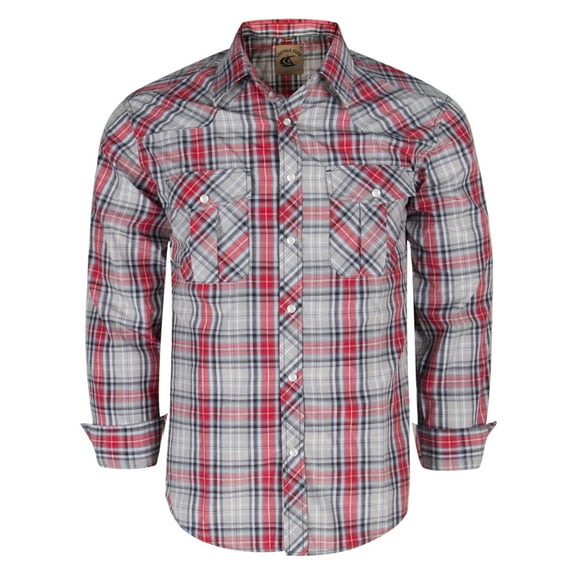 Coevals Club Men's Western Cowboy Long Sleeve Pearl Snap Plaid Work Shirts Red Gray 22 Large