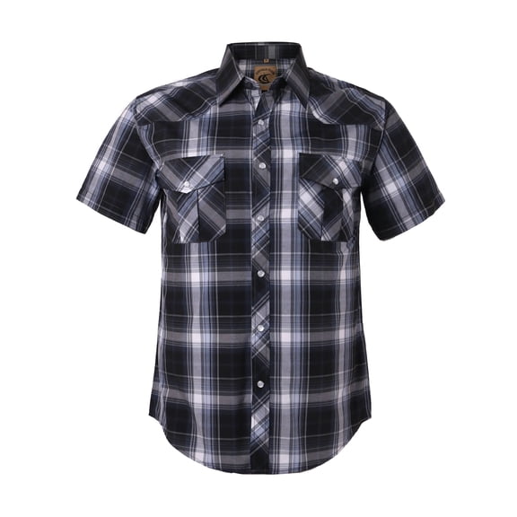 Coevals Club Men's Western Plaid Pearl Snap Buttons Two Pockets Casual Short Sleeve Shirts (Black Gray #9 XXL)