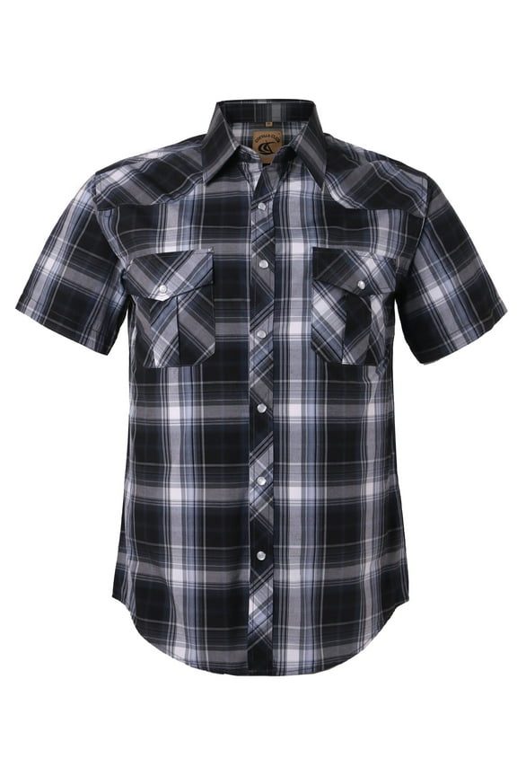 Men's Western Plaid Pearl Snap Buttons Two Pockets Casual Short Sleeve Shirts (Black Gray #9 XXL)
