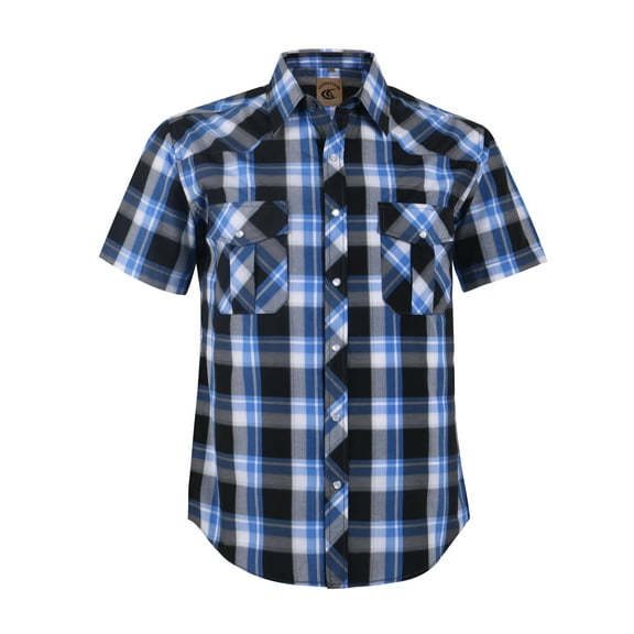 Coevals Club Men's Western Plaid Pearl Snap Buttons Two Pockets Casual Short Sleeve Shirts (Black White Blue #19 L)
