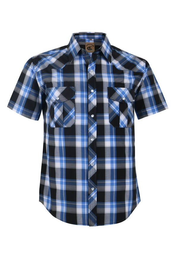 Men's Western Plaid Pearl Snap Buttons Two Pockets Casual Short Sleeve Shirts (Black White Blue #19 L)