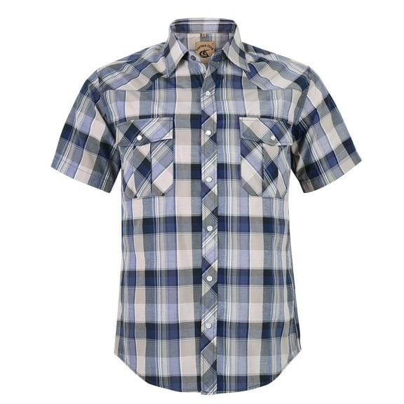 Coevals Club Men's Western Plaid Pearl Snap Buttons Two Pockets Casual Short Sleeve Shirts (Blue Light Gray #13 L)