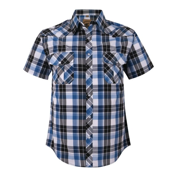 Coevals Club Men's Western Plaid Pearl Snap Buttons Two Pockets Casual Short Sleeve Shirts (Blue White Black #17 S)