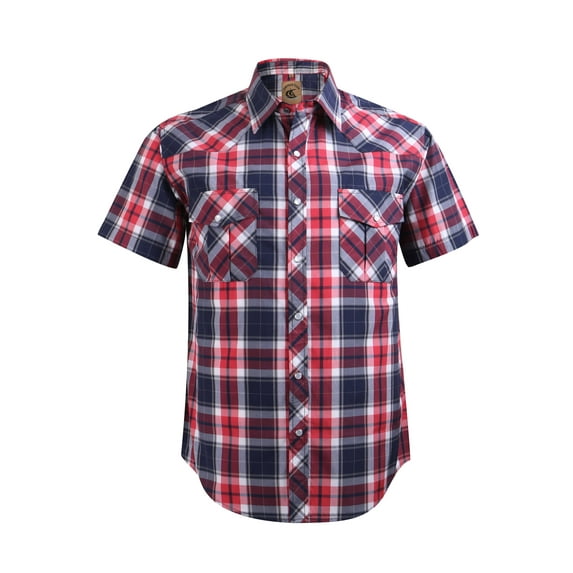 Coevals Club Men's Western Plaid Pearl Snap Buttons Two Pockets Casual Short Sleeve Shirts (Navy Red Plaid #37 S)