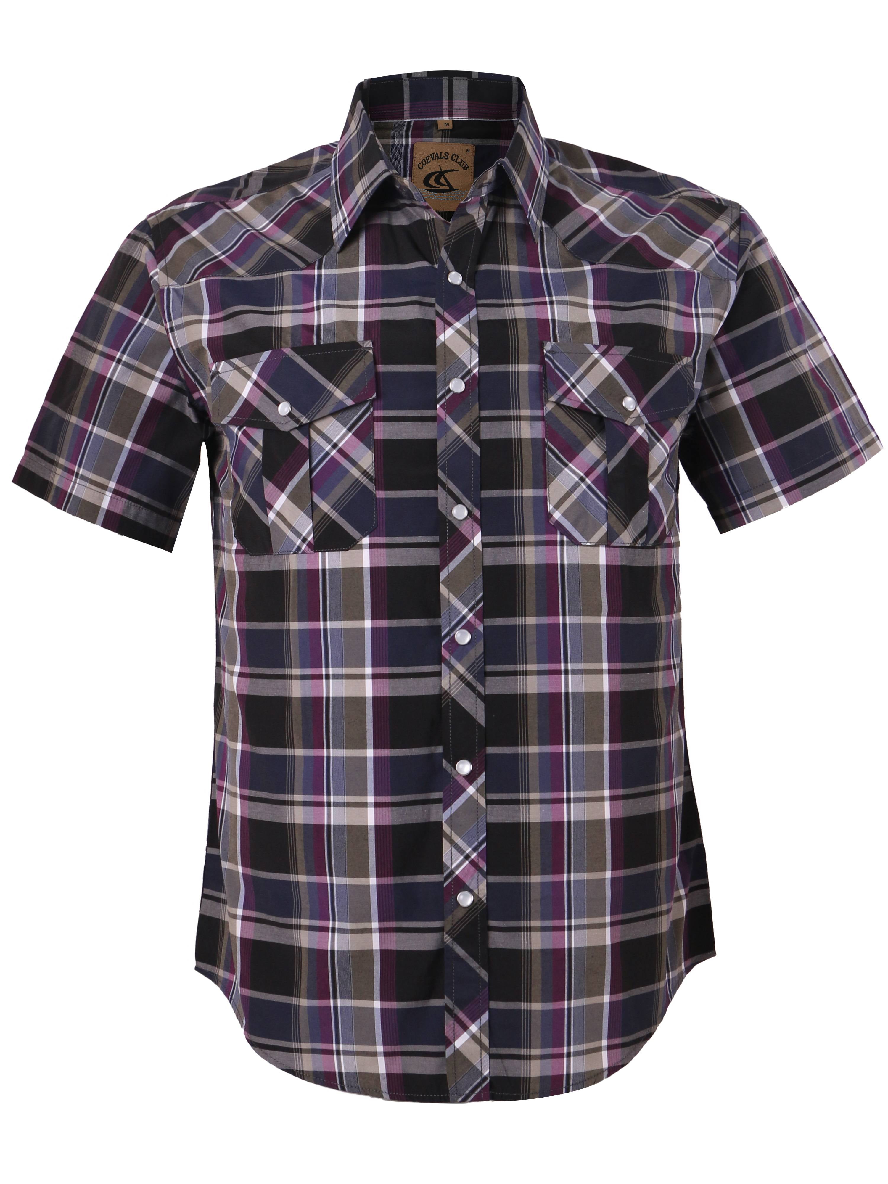Coevals Club Men's Western Plaid Pearl Snap Shirt – Short Sleeve Casual Shirt With Two Pockets (4XL, White & Shark Grey)