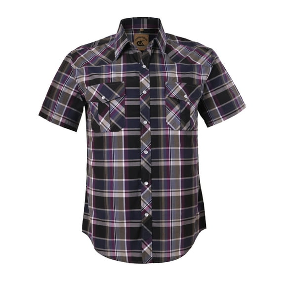 Coevals Club Men's Western Plaid Pearl Snap Buttons Two Pockets Casual Short Sleeve Shirts (Purple Gray #14 S)