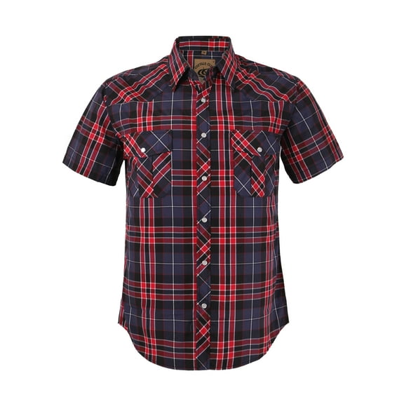 Coevals Club Men's Western Plaid Pearl Snap Buttons Two Pockets Casual Short Sleeve Shirts (Red Black #12 XL)