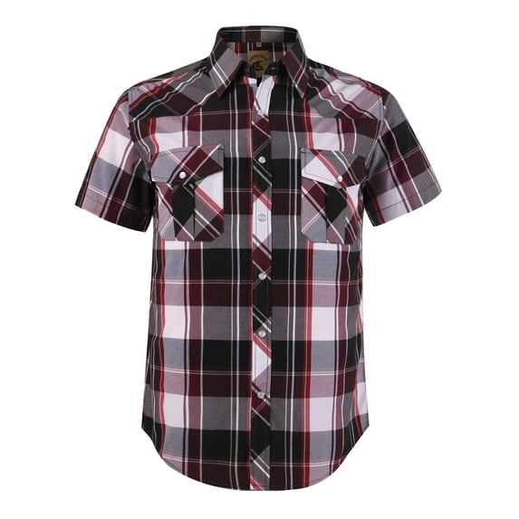 Coevals Club Men's Western Plaid Pearl Snap Buttons Two Pockets Casual Short Sleeve Shirts (Red Brown Black #20 XXL)