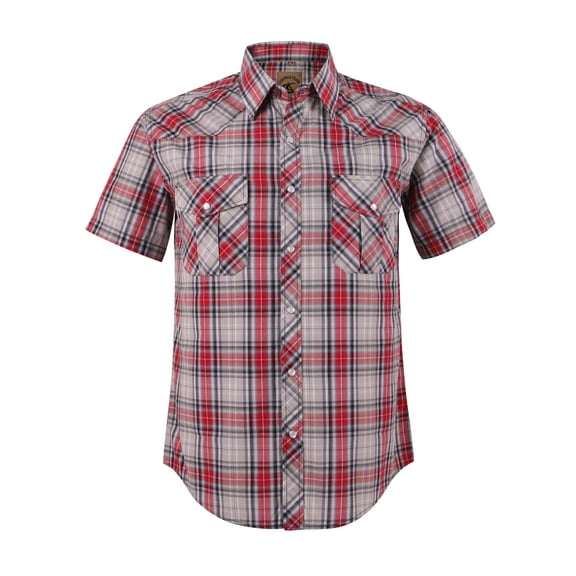 Coevals Club Men's Western Plaid Pearl Snap Buttons Two Pockets Casual Short Sleeve Shirts (Red Gray #22 L)
