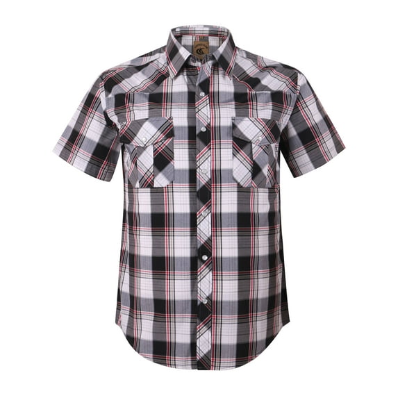 Coevals Club Men's Western Plaid Pearl Snap Buttons Two Pockets Casual Short Sleeve Shirts (White Red #18 XL)