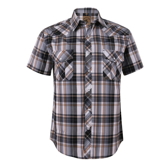 Coevals Club Men's Western Plaid Pearl Snap Buttons Two Pockets Casual Short Sleeve Shirts (Yellow Grey #2 L)