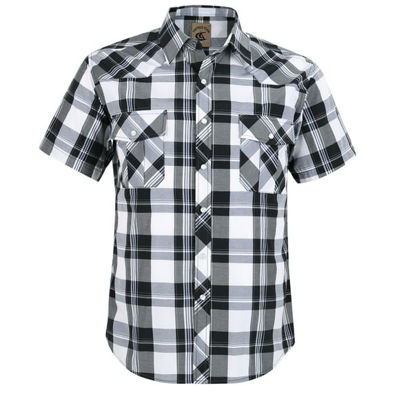 Coevals Club Men's Western Plaid Pearl Snap Short Sleeve Shirts (Black White #16 L)