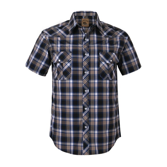 Coevals Club Men's Western Plaid Pearl Snap Short Sleeve Shirts (Blue White #7 Large)