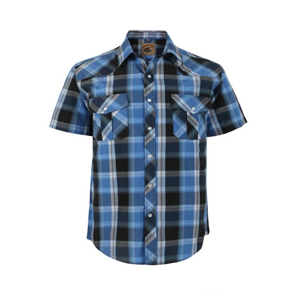 Coevals Club Men's Western Plaid Pearl Snap Short Sleeve Shirts (Bule Black #4 L)