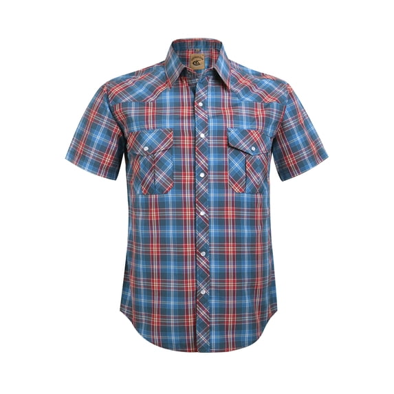 Coevals Club Men's Western Plaid Pearl Snap Short Sleeve Shirts (Red Blue #32 S)