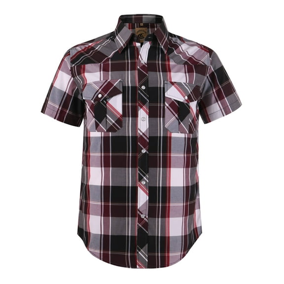 Coevals Club Men's Western Plaid Pearl Snap Short Sleeve Shirts (Red Brown Black #20 XL)