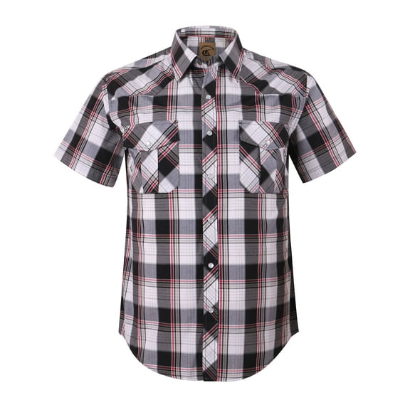 Coevals Club Men's Western Plaid Pearl Snap Short Sleeve Shirts (White Red #18 M)