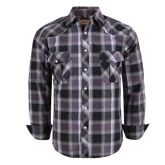 Coevals Club Men's Western Shirt Cowboy Plaid Country Pearl Snap Button Long Sleeve Two Pockets Work Shirts 01 Purple Black White Large
