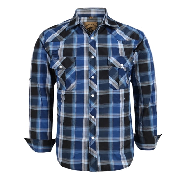 Coevals Club Men's Western Shirt Cowboy Plaid Country Pearl Snap Button Long Sleeve Two Pockets Work Shirts 04 Bule White Black 4X-Large