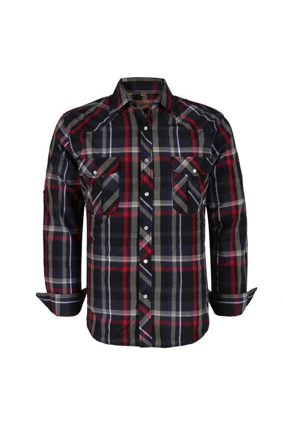 Men's Western Shirt Cowboy Plaid Country Pearl Snap Button Long Sleeve Two Pockets Work Shirts 06 Black Gray Red Small