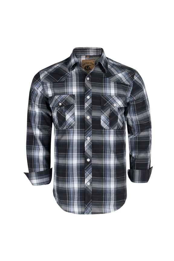 Men's Western Shirt Cowboy Plaid Country Pearl Snap Button Long Sleeve Two Pockets Work Shirts 09 Black White Gray Large