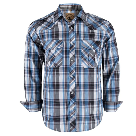 Coevals Club Men's Western Shirt Cowboy Plaid Country Pearl Snap Button Long Sleeve Two Pockets Work Shirts 10 Light Blue White Gray Large