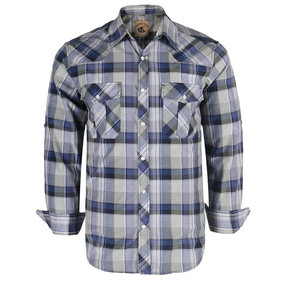 Coevals Club Men's Western Shirt Cowboy Plaid Country Pearl Snap Button Long Sleeve Two Pockets Work Shirts 13 Light Gray Navy Large