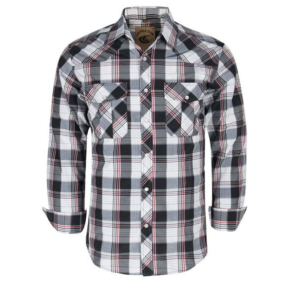 Coevals Club Men's Western Shirt Cowboy Plaid Country Pearl Snap Button Long Sleeve Two Pockets Work Shirts 18 White Black Red Medium