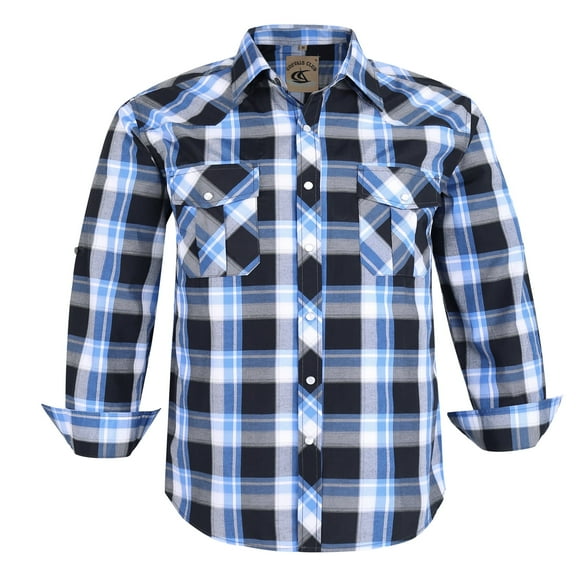 Coevals Club Men's Western Shirt Cowboy Plaid Country Pearl Snap Button Long Sleeve Two Pockets Work Shirts 19 Bule White Black X-Large