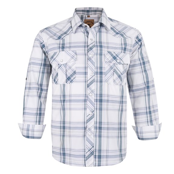 Coevals Club Men's Western Shirt Cowboy Plaid Country Pearl Snap Button Long Sleeve Two Pockets Work Shirts 28 White Plaid Small