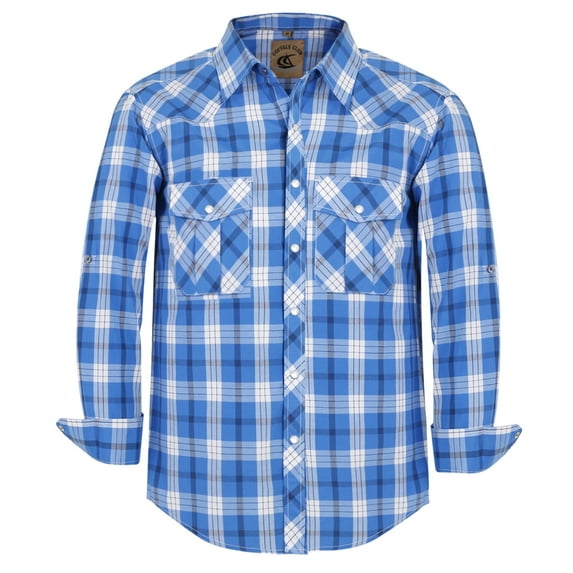Coevals Club Men's Western Shirt Cowboy Plaid Country Pearl Snap Button Long Sleeve Two Pockets Work Shirts 29 Blue White XX-Large