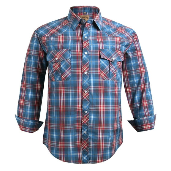 Coevals Club Men's Western Shirt Cowboy Plaid Country Pearl Snap Button Long Sleeve Two Pockets Work Shirts 32 Red Blue White Large