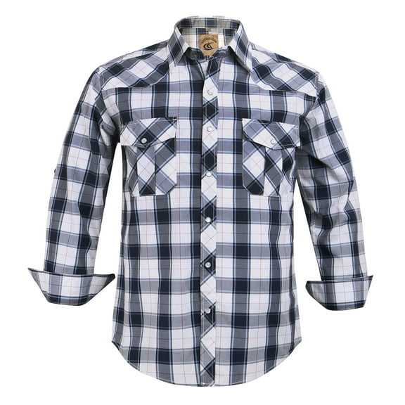 Coevals Club Men's Western Shirt Cowboy Plaid Country Pearl Snap Button Long Sleeve Two Pockets Work Shirts 35 White Gray Red Line Large
