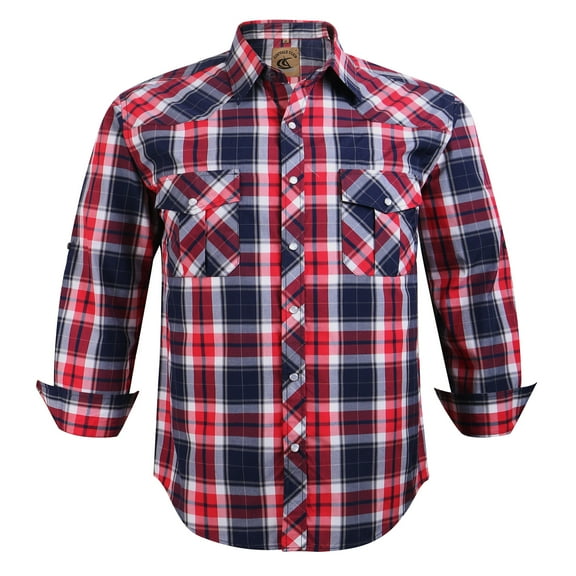 Coevals Club Men's Western Shirt Cowboy Plaid Country Pearl Snap Button Long Sleeve Two Pockets Work Shirts 37 Navy Red White Medium