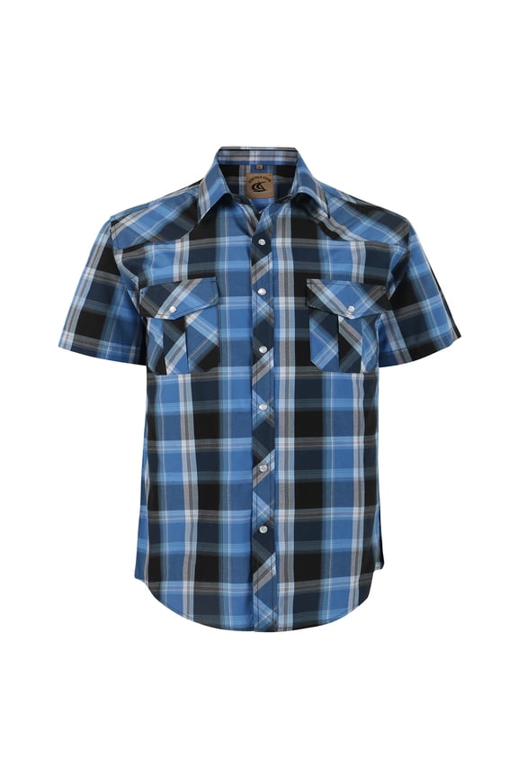 Men's Western Shirt Cowboy Plaid Country Pearl Snap Button Short Sleeve Two Pockets Work Shirts 04 Bule White Black X-Large
