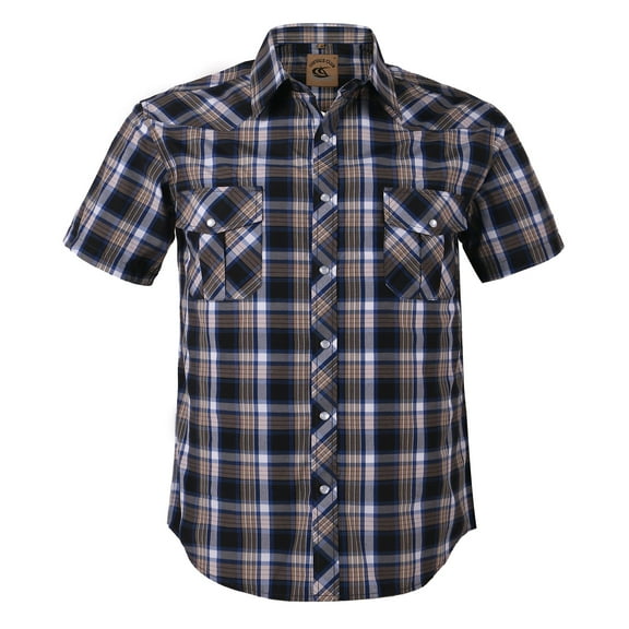 Coevals Club Men's Western Shirt Cowboy Plaid Country Pearl Snap Button Short Sleeve Two Pockets Work Shirts 07 Blue Black White Large