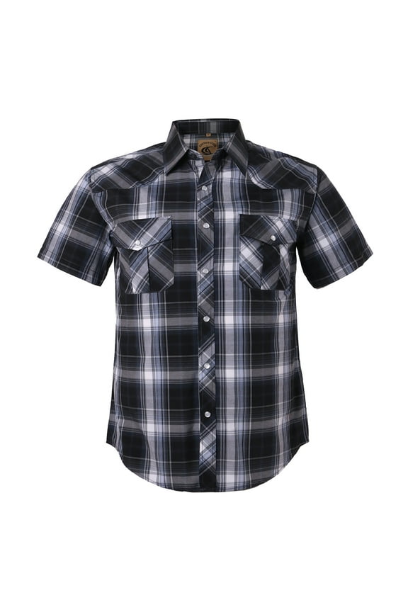 Men's Western Shirt Cowboy Plaid Country Pearl Snap Button Short Sleeve Two Pockets Work Shirts 09 Black White Gray Large