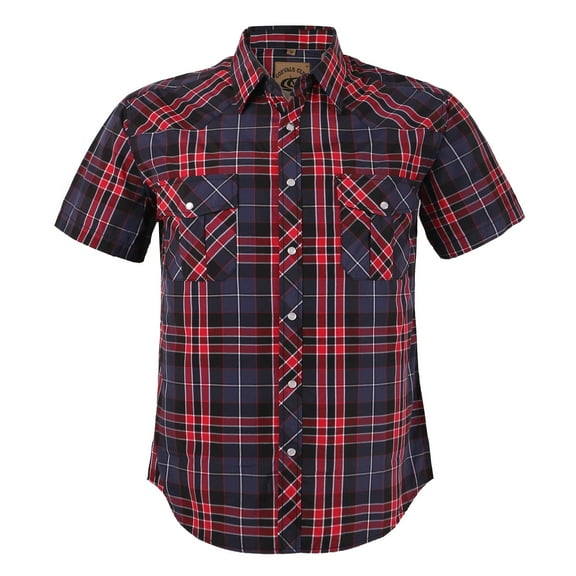 Coevals Club Men's Western Shirt Cowboy Plaid Country Pearl Snap Button Short Sleeve Two Pockets Work Shirts 12 Red Black White XX-Large