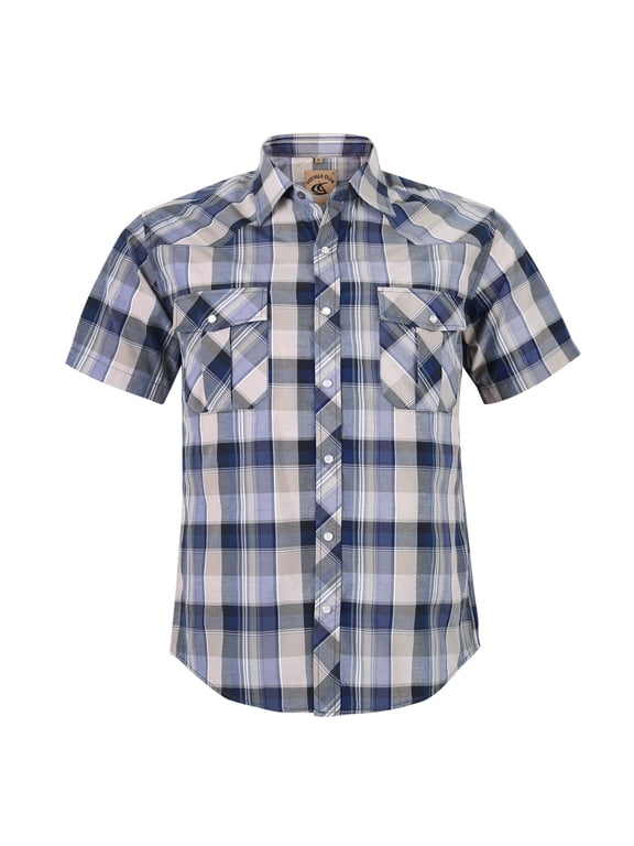 Men's Western Shirt Cowboy Plaid Country Pearl Snap Button Short Sleeve Two Pockets Work Shirts 13 Light Gray Navy 3X-Large