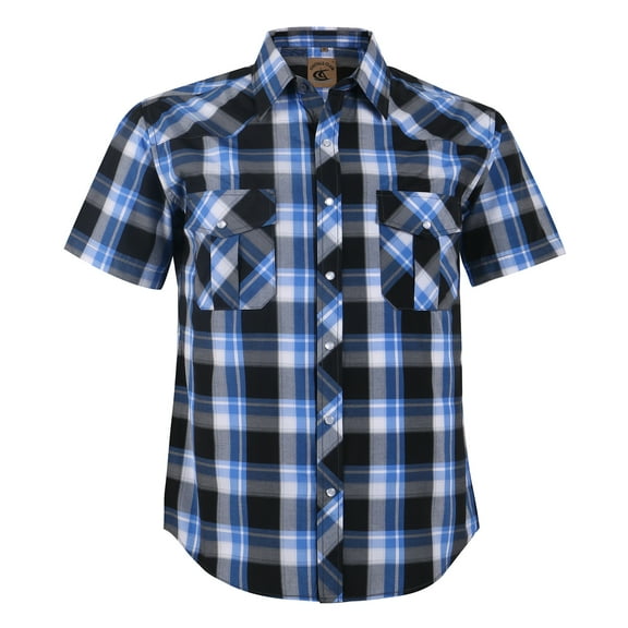 Coevals Club Men's Western Shirt Cowboy Plaid Country Pearl Snap Button Short Sleeve Two Pockets Work Shirts 19 Bule White Black 4X-Large